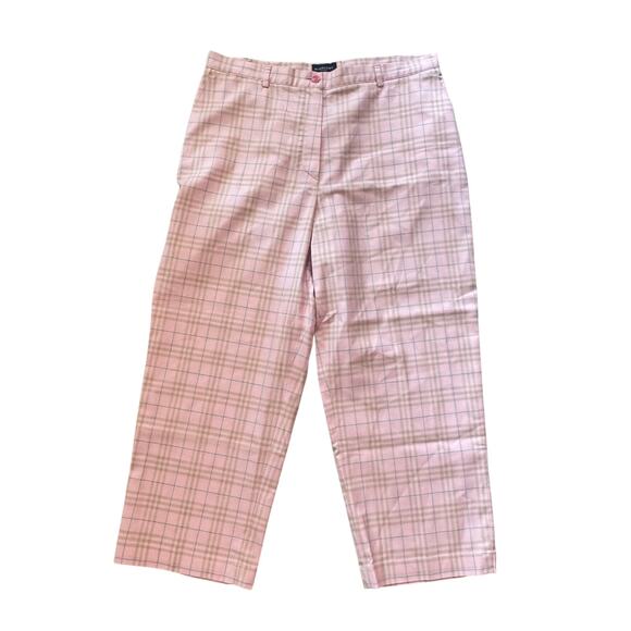 BURBERRY GOLF Pink Plaid Print Wide Leg Cropped Pants Women's Sz